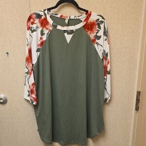 Emerald Olive Top with Floral Accents